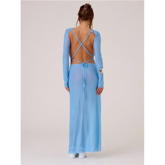 Women's Semi Sheer Floral Print Backless Maxi Dress - Picture 2 of 5